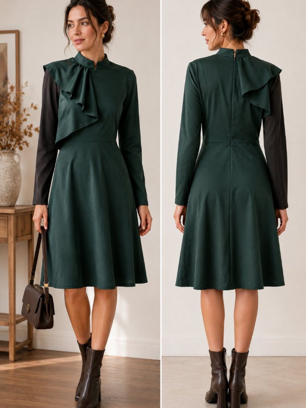 Forest Green Ruffle Dress 38 Asymmetric Artsy Avant Garde Dark Academia